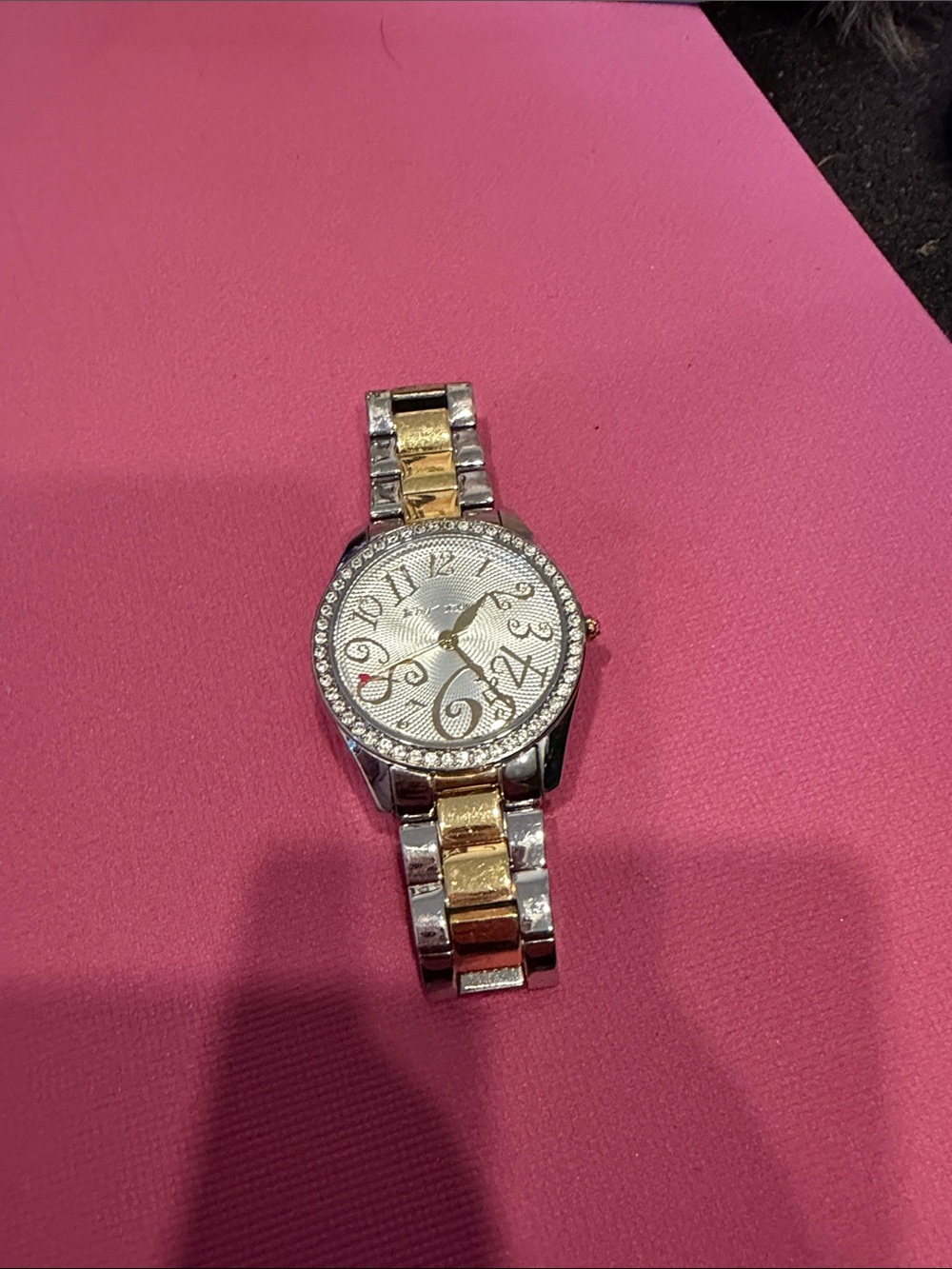 Betsey Johnson Two-Tone Gold and Silver Crystal Accent Bracelet Watch